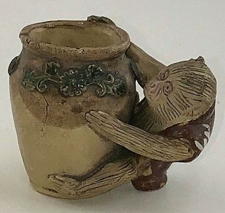 Antique Asian Chinese Pottery Hand Sculptured Chimp Monkey With Floral Vase Pot