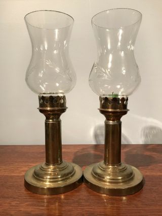 Antique Brass Candleholders With Etched Globes
