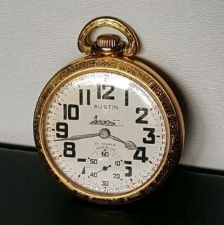 Rare Vintage Austin 17 Jeweled Pocket Watch,  Engraved Train,  Incabloc,  Gold