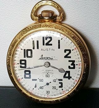 RARE Vintage AUSTIN 17 Jeweled Pocket Watch,  Engraved Train,  INCABLOC,  Gold 2