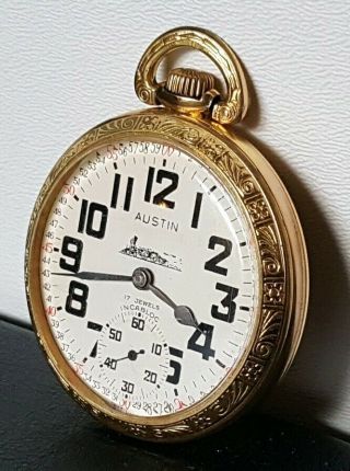 RARE Vintage AUSTIN 17 Jeweled Pocket Watch,  Engraved Train,  INCABLOC,  Gold 3