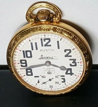 RARE Vintage AUSTIN 17 Jeweled Pocket Watch,  Engraved Train,  INCABLOC,  Gold 4