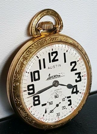 RARE Vintage AUSTIN 17 Jeweled Pocket Watch,  Engraved Train,  INCABLOC,  Gold 5
