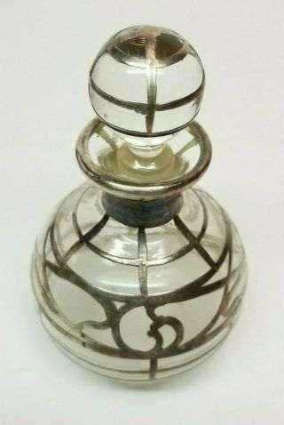 Antique Art Nouveau Sterling Silver Overlay Glass Perfume Bottle Signed 3.  4 "