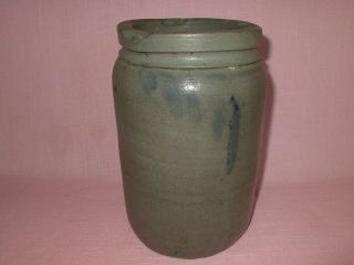 Antique 19th C Stoneware Flower Decorated Small Canning Jar Crock 8 1/2 