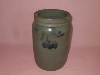 Antique 19th C Stoneware Flower Decorated Small Canning Jar Crock 8 1/2 