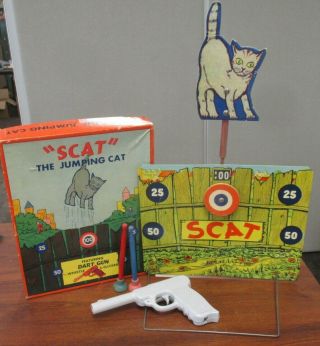 Vintage " Scat " The Jumping Cat Target Game W/dart Gun By American Toys Orig Box