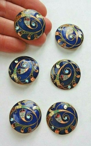6 Matched Big Antique Art Nouveau French Champleve Blue Enamel Buttons