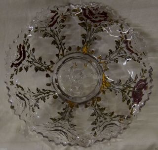 Vintage Decorative Glass Bowl W.  Golden Rose/ Leaf Designs 10 " Diam.