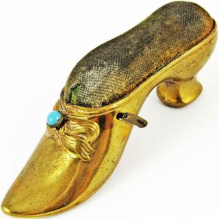 Antique Ladies Shoe Figural Brass Wind - Up Sewing Tape Measure & Pin Cushion