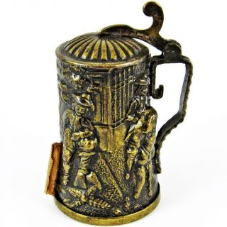 Antique Beer Stein Figural Brass Wind - Up Sewing Tape Measure & Thimble Holder