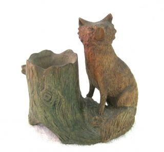 Antique Carved Wood Fox & Tree Match Spill Holder Treen 4 3/8 X 4 1/2 " Shp