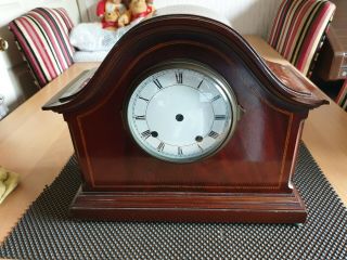 Vintage Large Wooden Oak Mantel Clock Case With Glass Door & Enamel Dial,