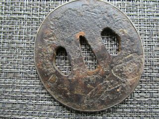 Antique Japanese Tsuba Made Of Bronze With White Metal Rim Very Old