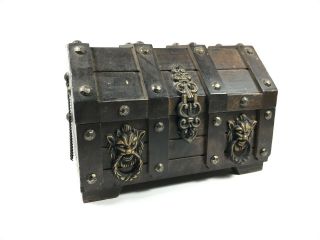 Vintage 10 " Wood Pirate Treasure Chest Jewelry Box Lion