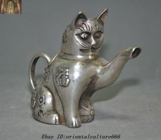 Marked Old Chinese Tibetan Silver Lucky Kitty Cat Statue Kettle Teapot Wine Pot