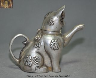 Marked Old Chinese Tibetan Silver Lucky Kitty Cat Statue kettle Teapot Wine Pot 2