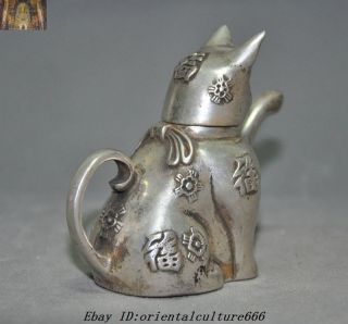 Marked Old Chinese Tibetan Silver Lucky Kitty Cat Statue kettle Teapot Wine Pot 3