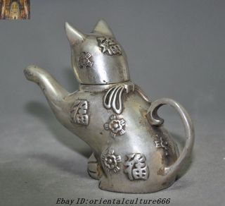 Marked Old Chinese Tibetan Silver Lucky Kitty Cat Statue kettle Teapot Wine Pot 5