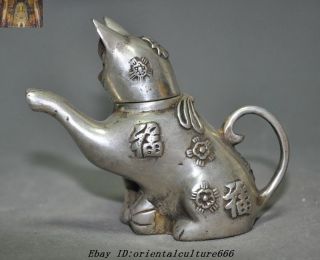 Marked Old Chinese Tibetan Silver Lucky Kitty Cat Statue kettle Teapot Wine Pot 6