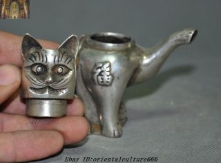 Marked Old Chinese Tibetan Silver Lucky Kitty Cat Statue kettle Teapot Wine Pot 8