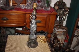 Antique Art Deco Figural Table Lamp - Woman Holding Basket - 1 - Metal Marble