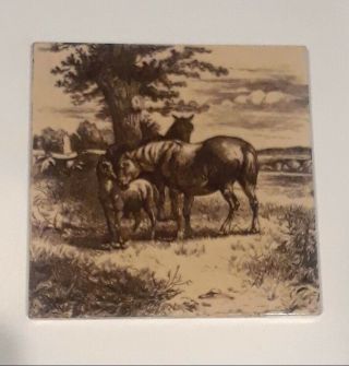 Antique Brown Transfer Ware Minton Tile - Horse Theme - W.  Wise Circa 1870 