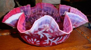 Victorian Cranberry Opalescent Daisy & Flower Ruffled Brides Basket Bowl N/r
