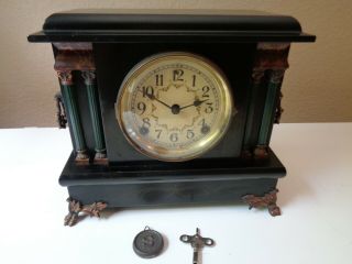 Antique Sessions Black Mantel Clock Flower Dial 4 Columns Keys Pendulum