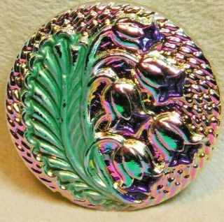 Vintage Button Lily Of The Valley Flower Pink & Green Glass Silver Back M2