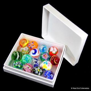 Collectors Box Set Of 16 X Handmade Marbles - 16mm Intricate Glass Art Toy Marble
