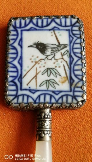 Antique 19th Century Chinese Hand Mirror.  Apple Jade Handle.  Hand Painted.