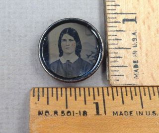 Tintype Antique Button 11,  1800s Young Woman Portrait,  Set In Metal