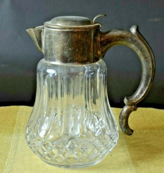 Antique Diamond Etched Glass Pat 1914 Syrup Creamer Pitcher W/ Ice Cube Tube