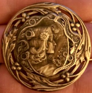Art Nouveau Woman Mucha Design - Antiqued Brass - Picture Button 1 3/4” In