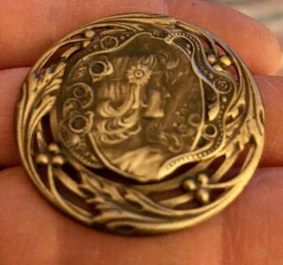 Art Nouveau Woman Mucha Design - Antiqued Brass - Picture Button 1 3/4” In 2