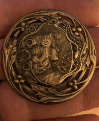 Art Nouveau Woman Mucha Design - Antiqued Brass - Picture Button 1 3/4” In 3