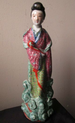 Antique Signed Chinese Republic Period Famille Rose Verte Porcelain Woman Statue
