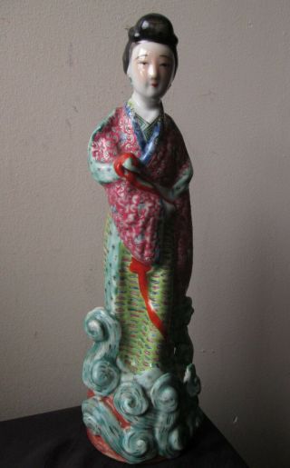 Antique SIGNED Chinese Republic Period Famille Rose verte Porcelain woman statue 6