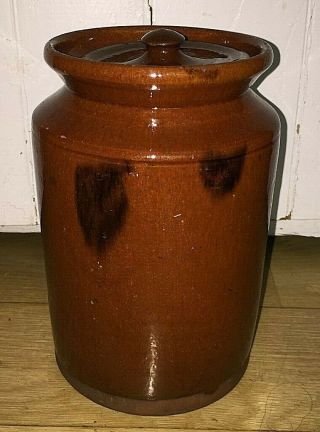 Antique 19th C.  Red Ware Lidded Large Crock Jar Manganese Hand Thrown Wire Cut