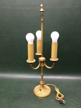Antique French Brass 3 Arm Gold Wash Light Electric Table Lamp W/ Cloth Cord