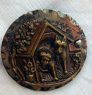 Antique Victorian Medium Picture Story Button " Buster Brown And His Dog " Rare