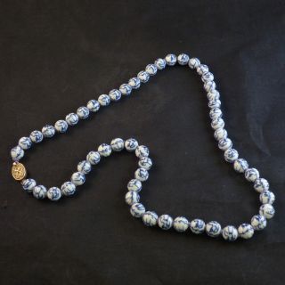 Vintage Chinese Blue & White Porcelain Round Beaded Necklace Birds 24 " Silver Cl