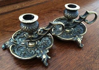 Antique Brass Scottish Thistle & Leaf Candle Holders With Handles Set Of 2