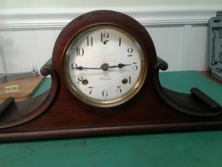 Vintage Sessions Mantle Clock With Rare Double Scroll Wood Design With Key And S