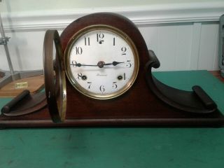 VINTAGE SESSIONS MANTLE CLOCK WITH RARE DOUBLE SCROLL WOOD DESIGN WITH KEY AND S 2