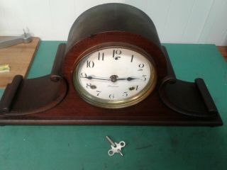 VINTAGE SESSIONS MANTLE CLOCK WITH RARE DOUBLE SCROLL WOOD DESIGN WITH KEY AND S 3