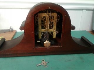 VINTAGE SESSIONS MANTLE CLOCK WITH RARE DOUBLE SCROLL WOOD DESIGN WITH KEY AND S 7