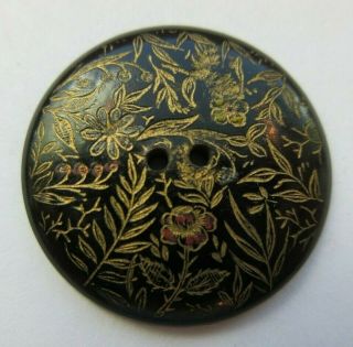 Wow Exceptional Antique Vtg Carved Horn Button Incised Luster Flowers 1 " (m)
