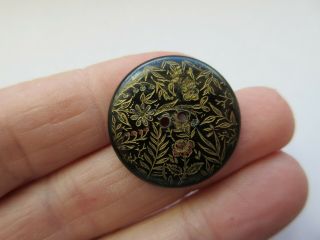 WOW Exceptional Antique Vtg Carved HORN BUTTON Incised Luster Flowers 1 